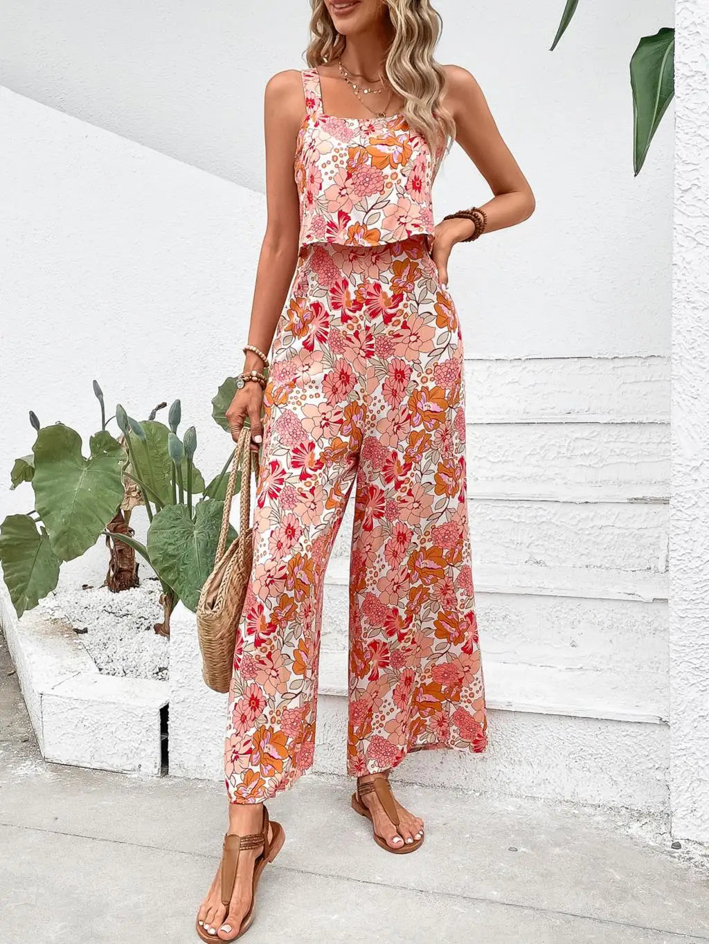 Floral Print High-Waisted Wide-Leg Outfit