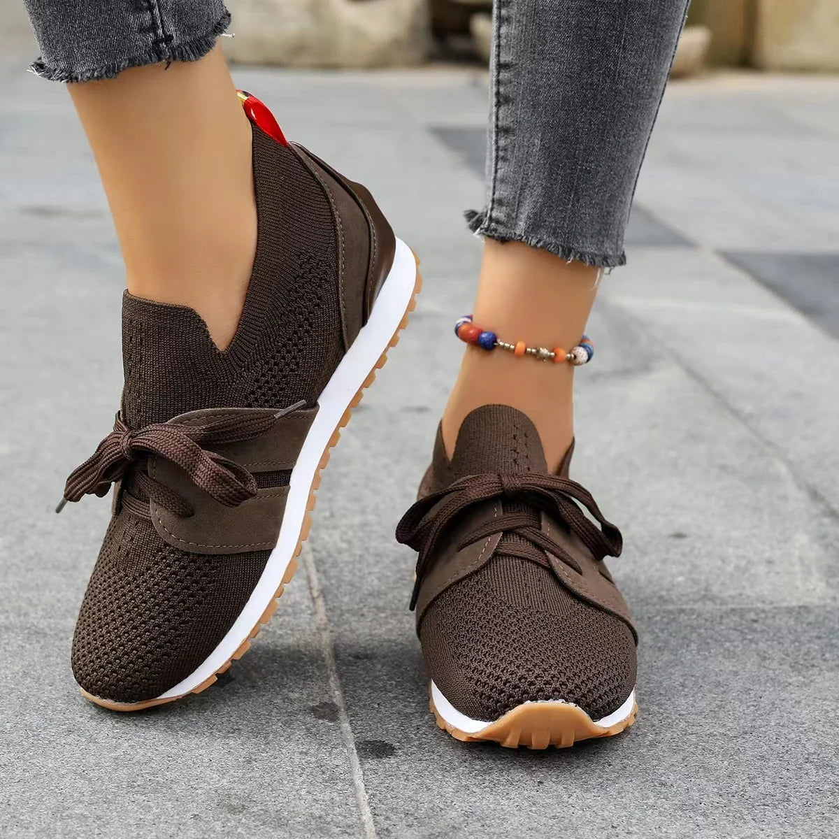 Women's Casual Sneakers - Breathable Knit Upper - Lace-Up - Rubber Sole Comfortable Fit