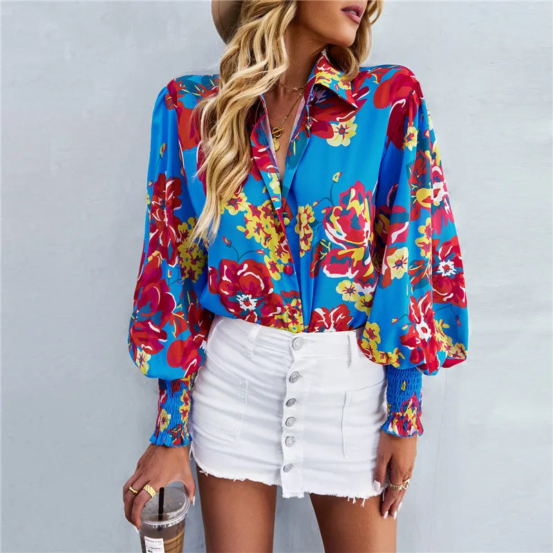Floral Print Relaxed Fit Blouse With Smocked Cuffs