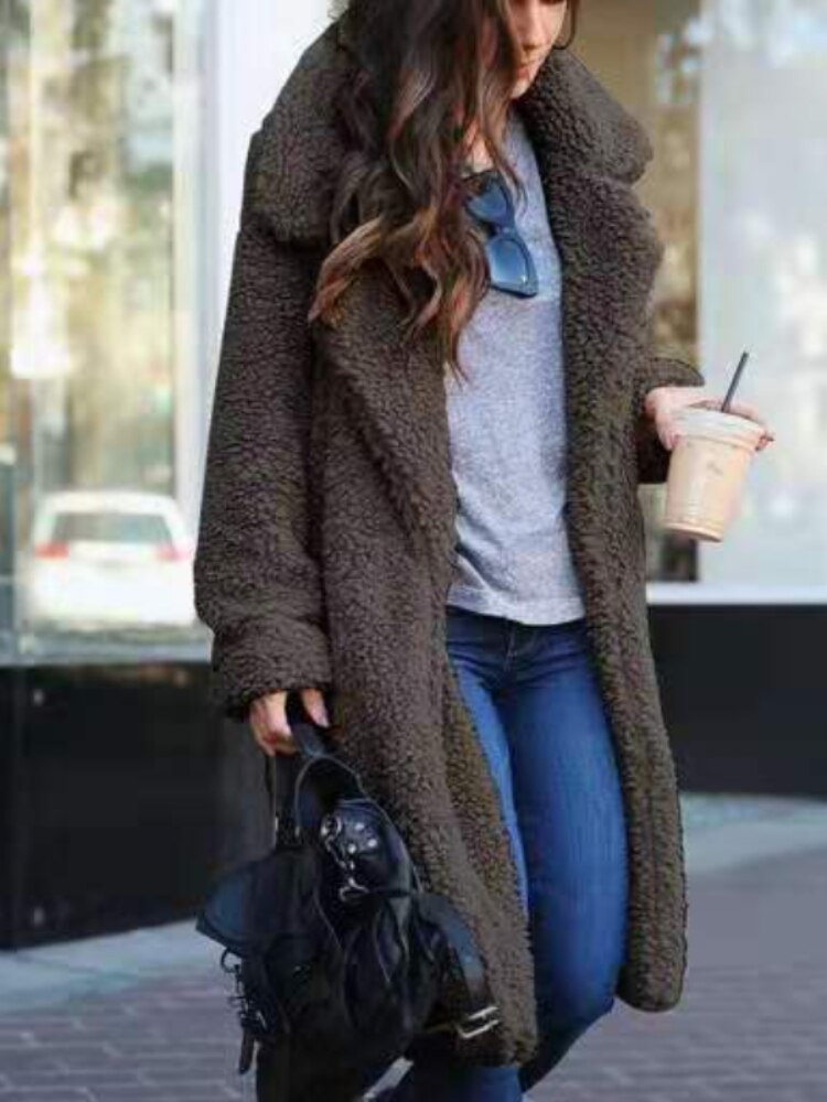 Women's lapel plush open front coat