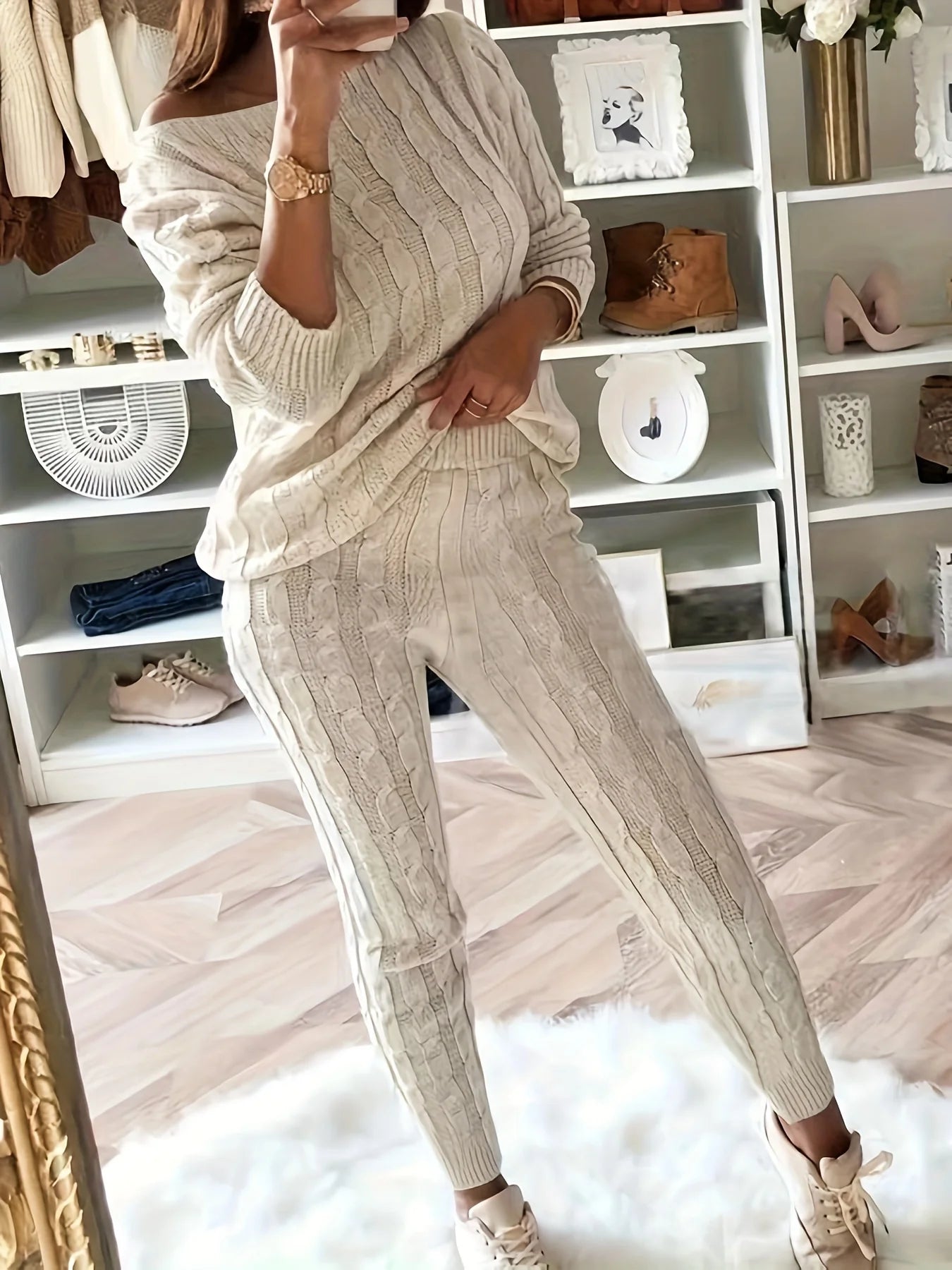 Women's casual knitted sweater and elastic pants set
