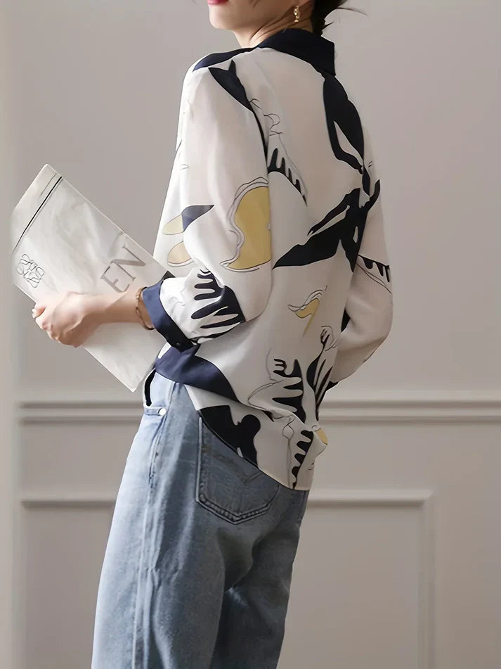 Women's Blouse - Abstract Pattern - Contrast Collar & Cuffs - Relaxed Fit - 3/4 Sleeve