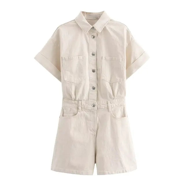 Women's Denim Romper - Button-Up Short Sleeve - Fitted Waist with Pockets
