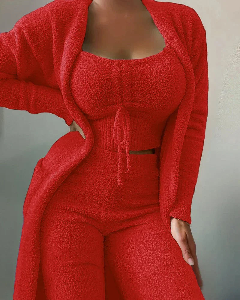 Women's plush crop top long pants and coat 3-piece pajama set