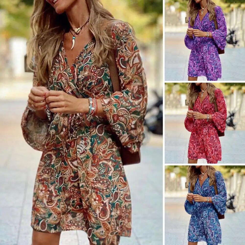 Women's Mini Dress - Paisley Print - V-Neck - Flowy Three-Quarter Sleeve - Lightweight