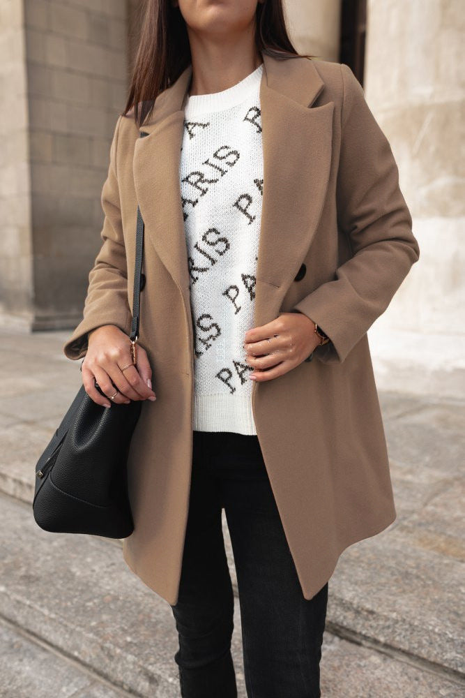 Women's Wool Blend Coat - Tailored Fit - Double-Breasted with Notched Lapels