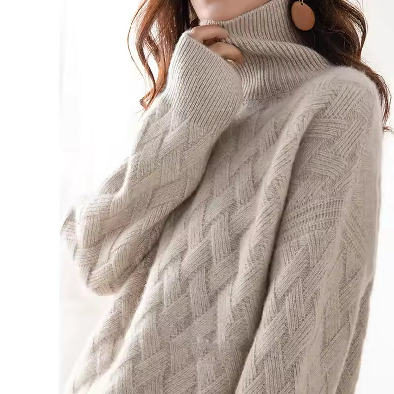 Women’s Pullover Sweater – Knit Oversized Fit – Ribbed Turtleneck – Cozy Texture