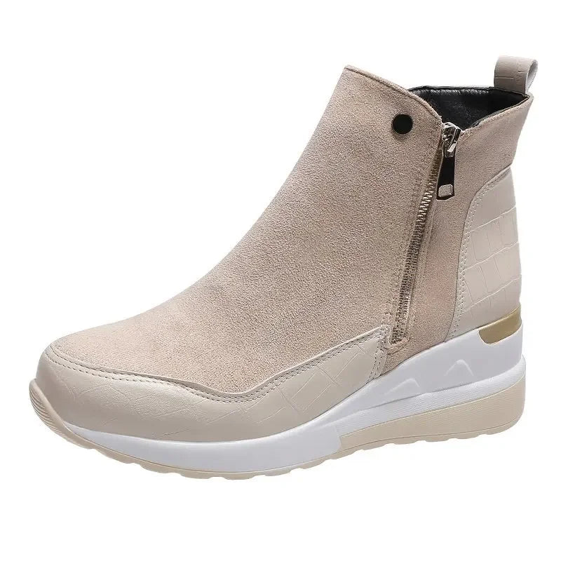 Women's Wedge Ankle Boots - Suede & Faux Leather - Side Zipper - Platform Sole