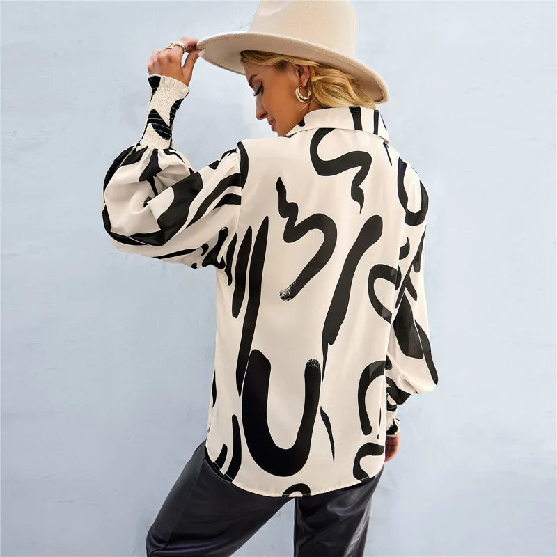 Women's Blouse - Floral Print - Relaxed Fit - Long Sleeve Smocked Cuffs - V-Neck Buttons