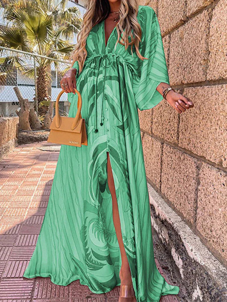 Women’s Maxi Dress – V-Neck Button Down – Abstract Print – Belted Waist – Breathable Blend