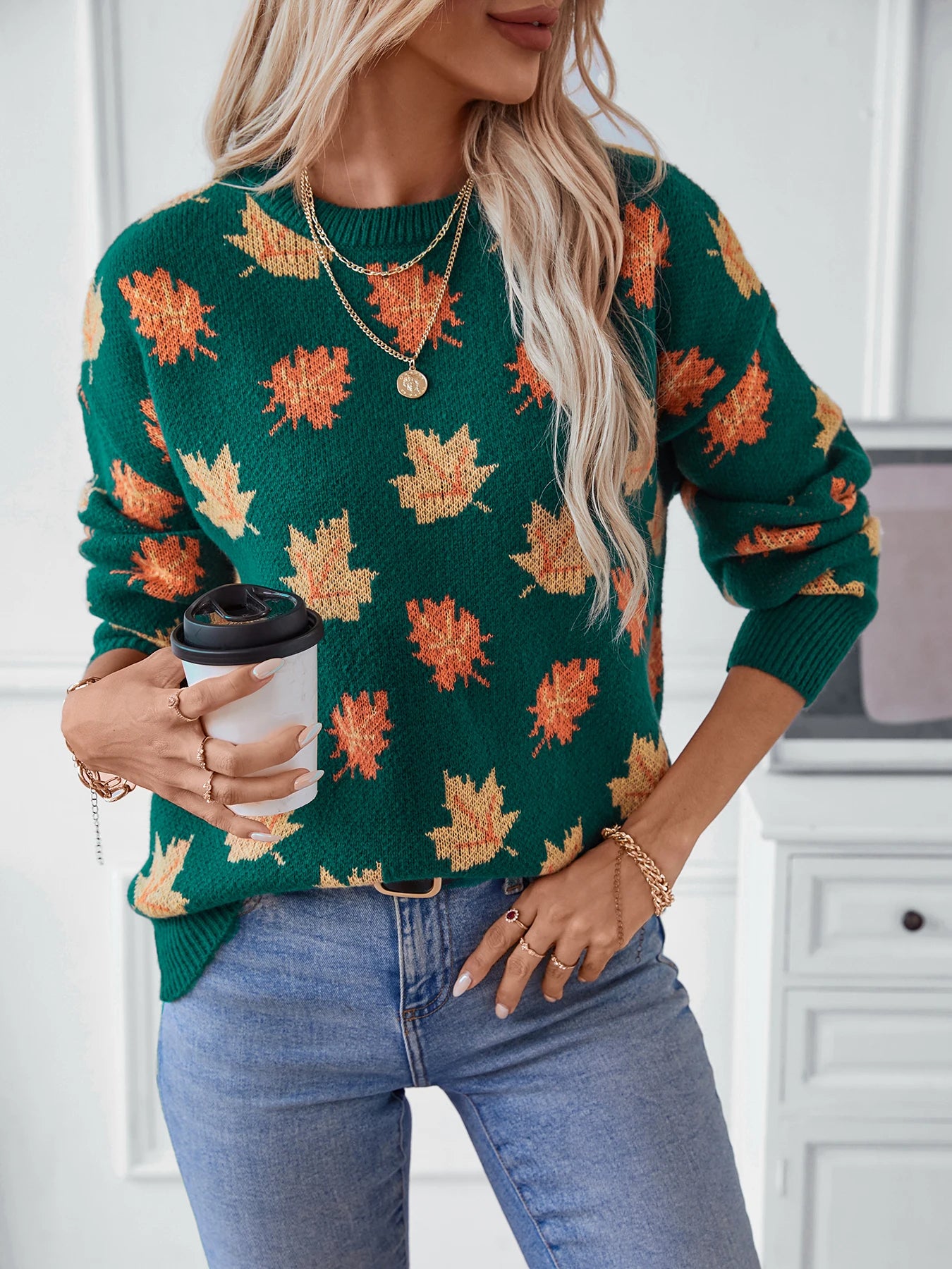 Knitted Maple Leaf Pullover Autumn Winter Sweater
