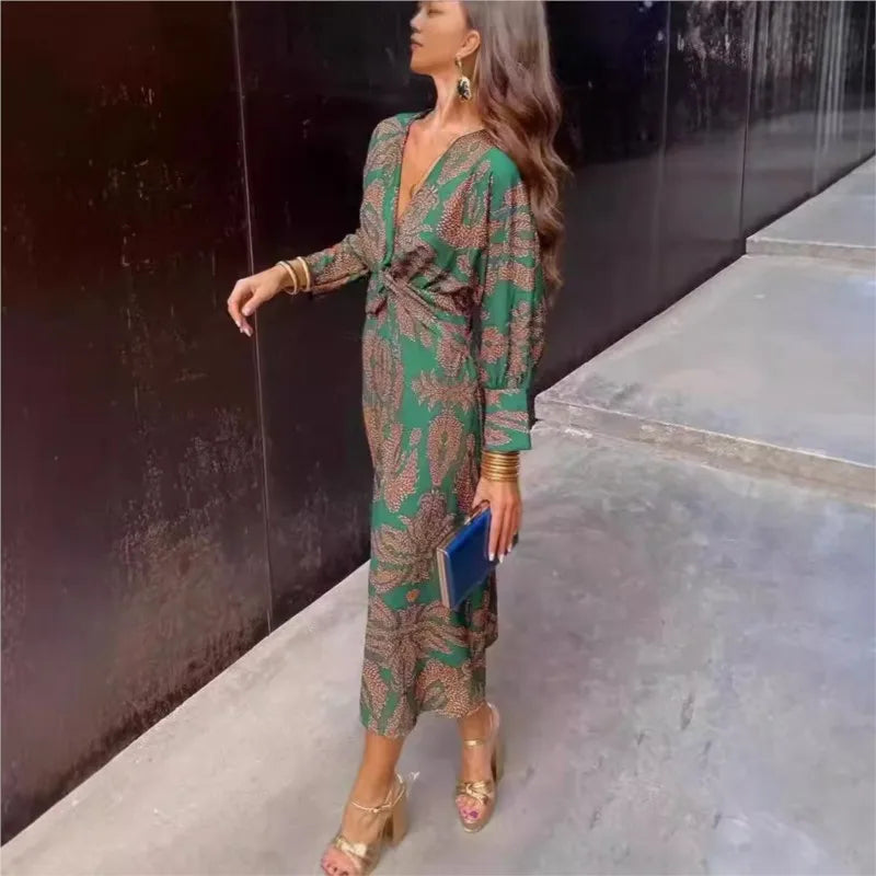 Women's Midi Dress - V-Neck - Long Sleeve - Form-Fitting Elegant Style