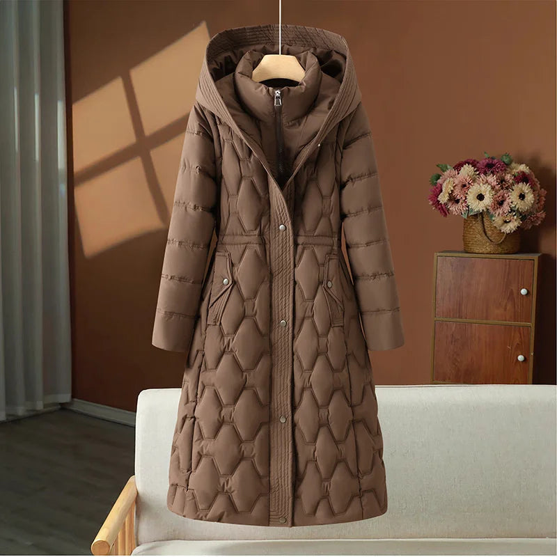Women’s Long Quilted Jacket – Fitted Waist – Padded Insulation – Hooded – Snap Closure