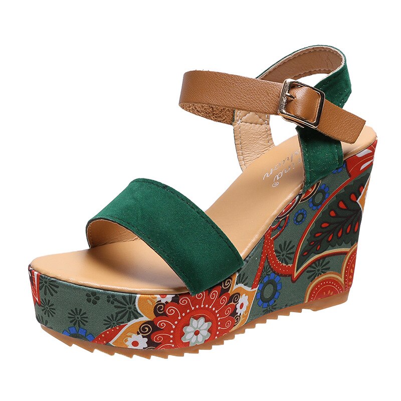 Women's Wedge Sandals - High Platform - Ankle Strap - Stylish Printed Heel
