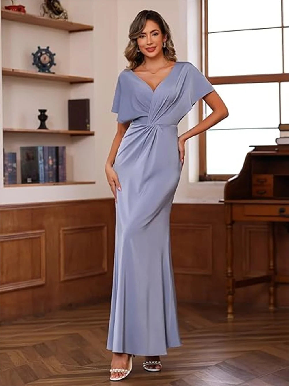 Women’s Maxi Dress – Satin Feel – Draped Waist – V-Neck – Short Sleeve Formal Fit