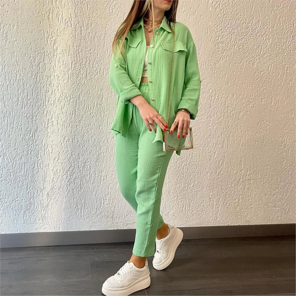 Women's casual long sleeve shirt and loose button pants set