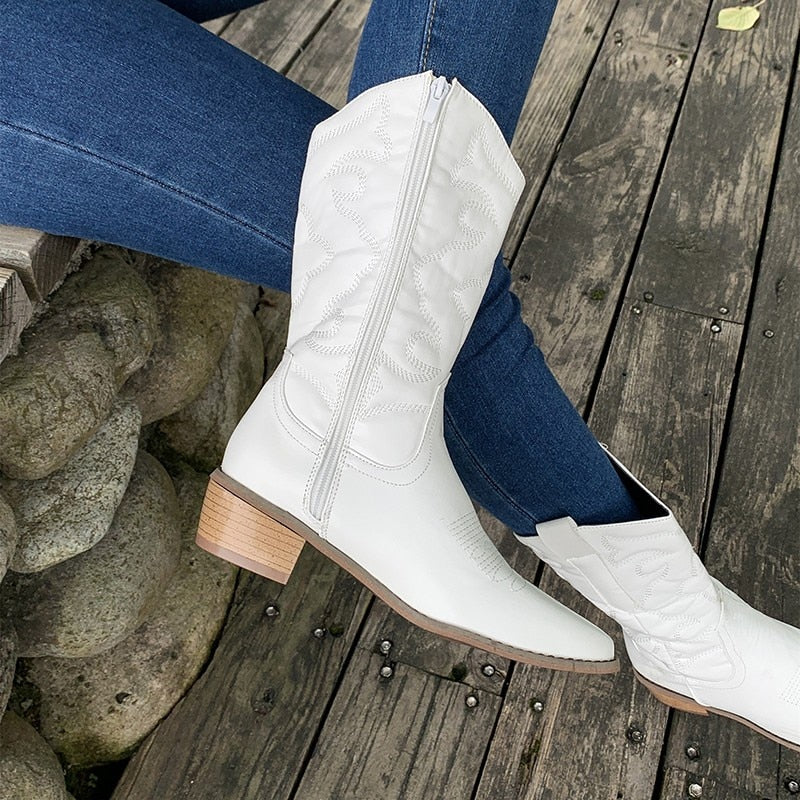 Women's retro western cowboy boots with side zip mid-barrel fluorescent pointed toe
