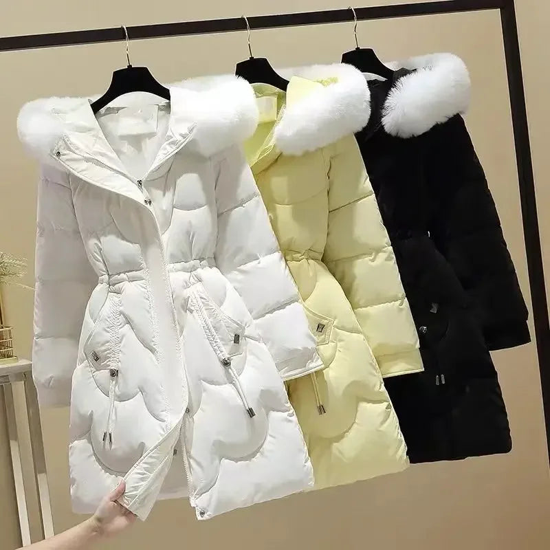 Women's winter midi-length hooded padded jacket with drawstring waist