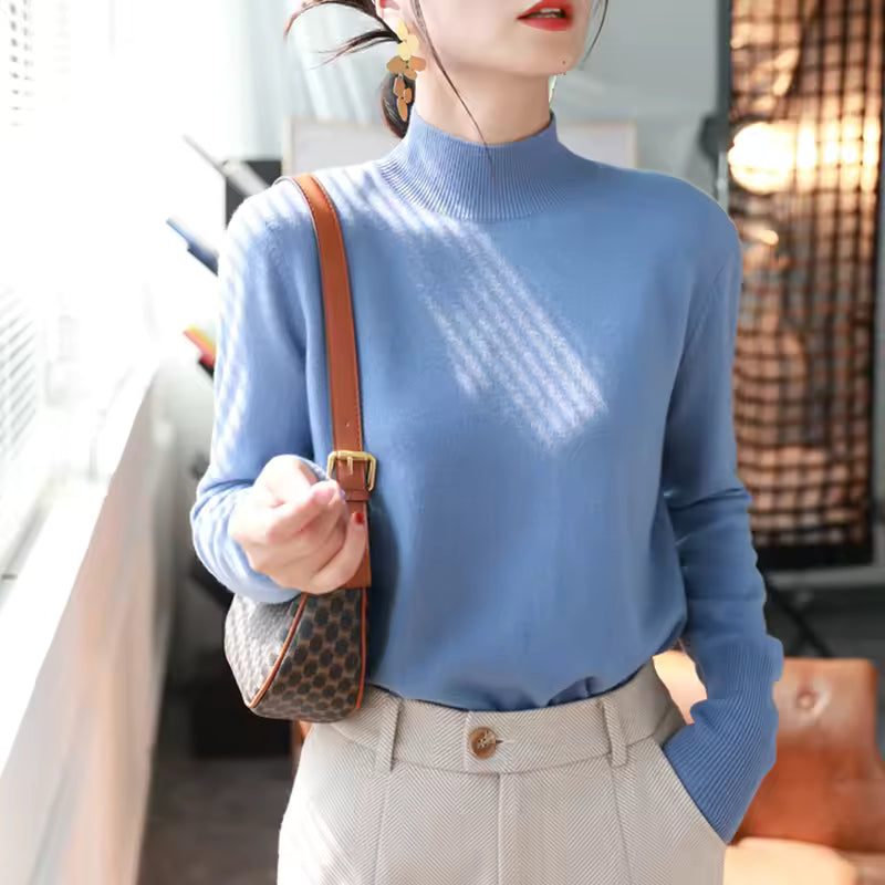 Women’s Pullover Sweater – Slim Fit – Fine Knit – Mock Turtleneck – Ribbed Cuffs