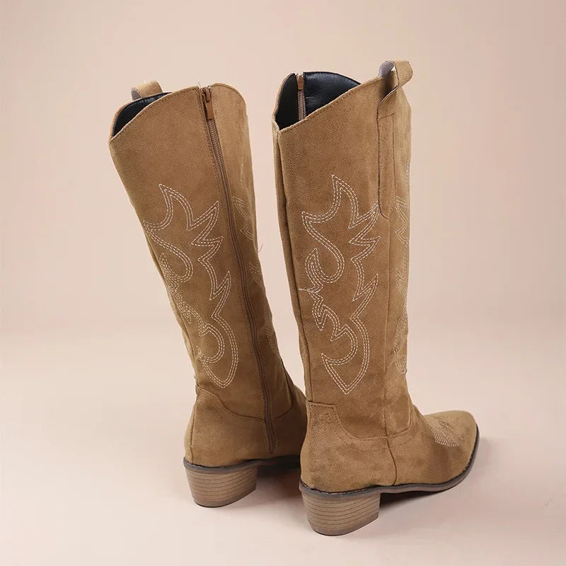 Women’s Cowboy Boots – Suede Texture – Embroidered Western Style – Mid Calf – Low Heel