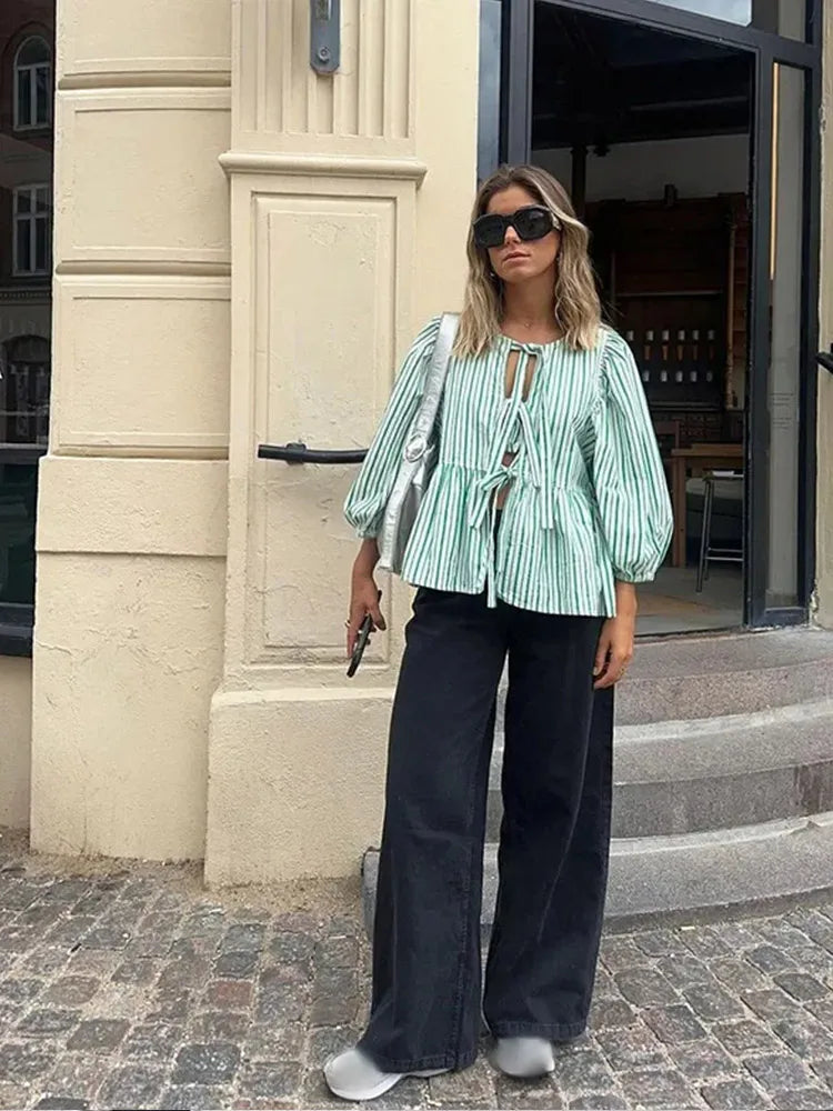 Women's Blouse - Puff Sleeve - Loose Fit - Striped Lightweight Tie-Neck