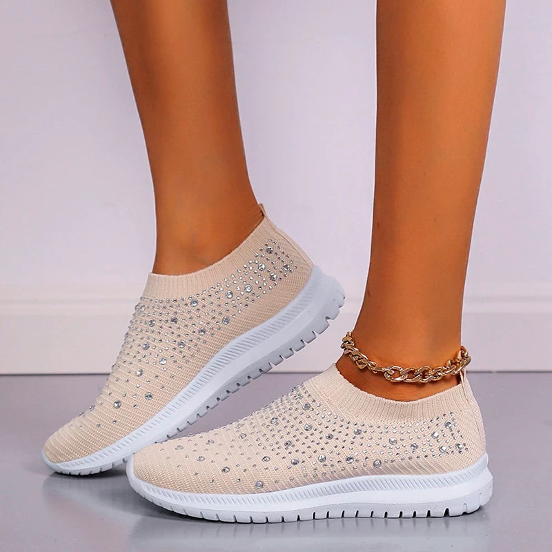 Women's Slip-On Sneakers - Knit Fabric - Rhinestone Embellished - Lightweight Sole