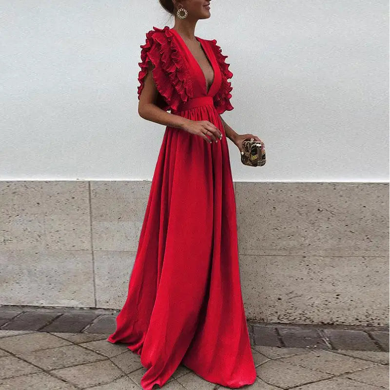 Sweet long dress with v-neck design and swing skirt for women