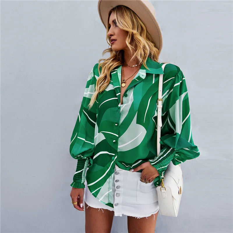 Women's Blouse - Floral Print - Relaxed Fit - Long Sleeve Smocked Cuffs - V-Neck Buttons
