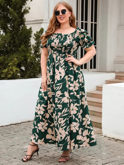 Women's Maxi Dress - Square Neck - Puff Sleeves - Smocked Bodice - Floral Print