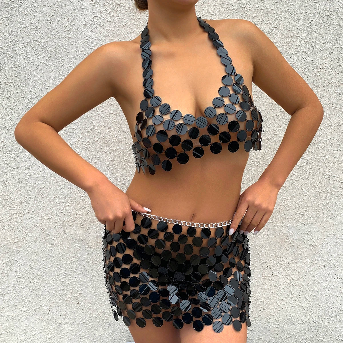 Metallic coin halter top and skirt set