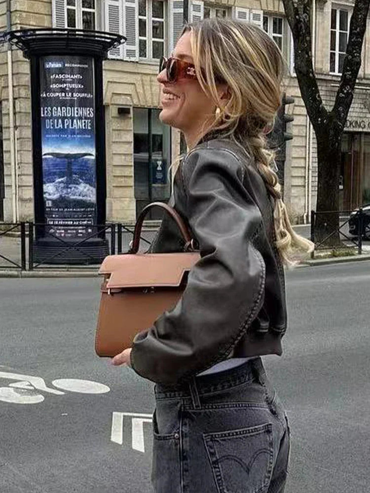 Women’s Bomber Jacket - Cropped Fit - Faux Leather - Zip Front - Ribbed Collar & Cuffs