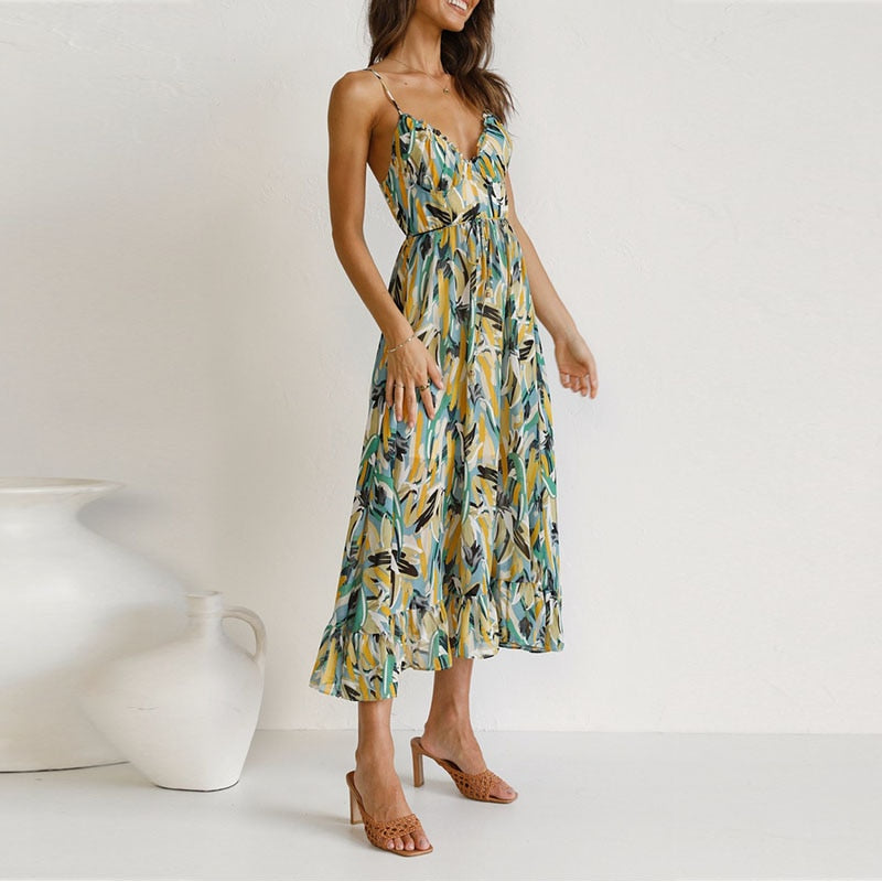 Women's Maxi Dress - Sleeveless V-Neck - Flowy A-Line with Abstract Print