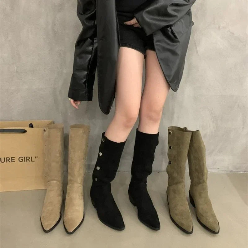 Women's cowboy stacked heel mid-tube tassel boots