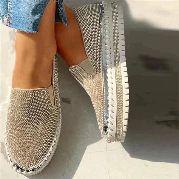 Women's Slip-On Sneakers - Rhinestone Embellished - Platform Sole - Casual Fashion
