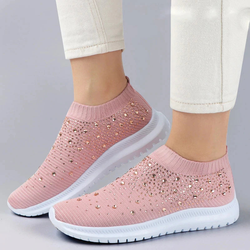 Women's Slip-On Sneakers - Knit Fabric - Rhinestone Embellished - Lightweight Sole
