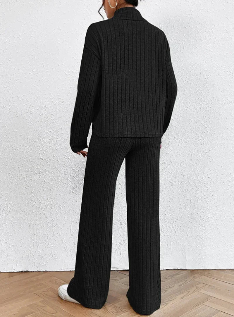 Women's solid color high collar long sleeve ribbed two-piece set