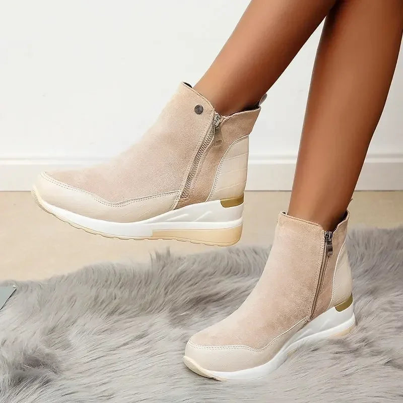 Women's Wedge Ankle Boots - Suede & Faux Leather - Side Zipper - Platform Sole