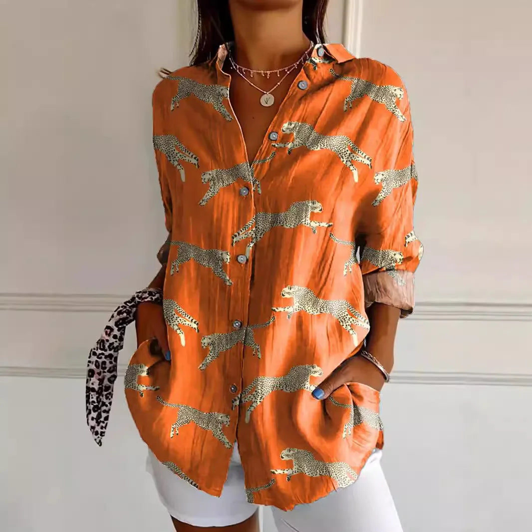 Women's Button-Up Blouse - Relaxed Fit - 3/4 Sleeve - Patchwork Floral Print