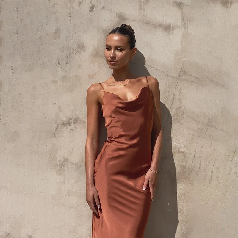 Women’s Maxi Dress – Satin Slim Fit – Cowl Neck – Spaghetti Strap Evening Gown