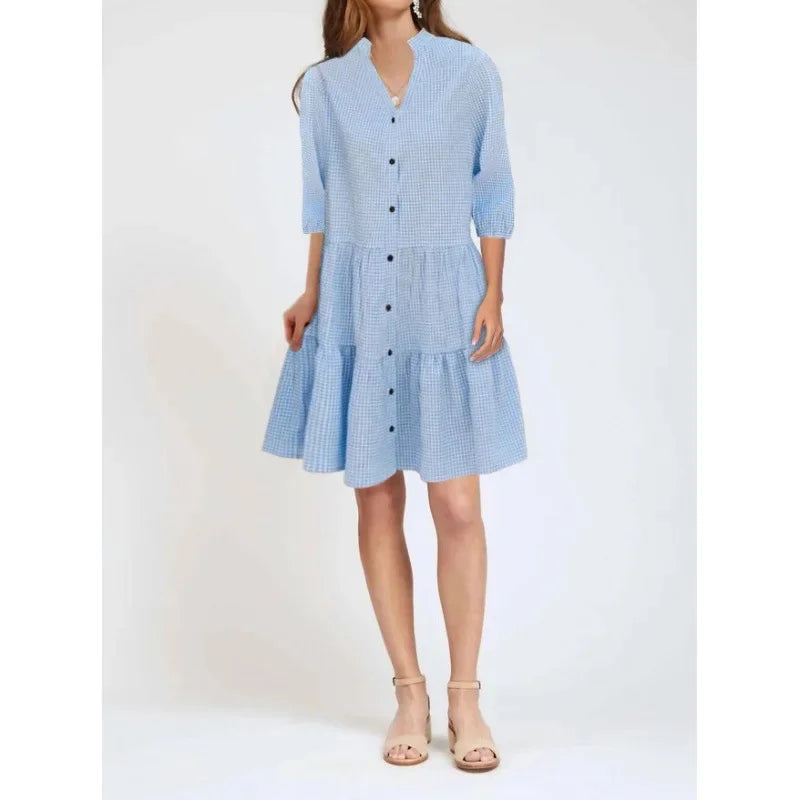 Women’s Dress – Fit and Flare – Cotton Blend – Button Front – Tiered – Knee Length – 3/4 Sleeve