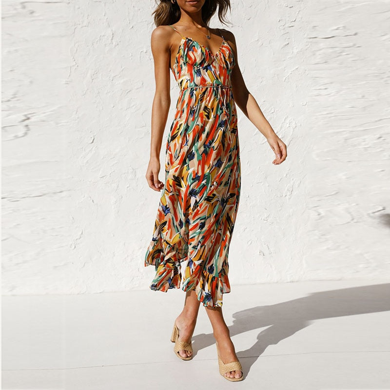 Women's Maxi Dress - Sleeveless V-Neck - Flowy A-Line with Abstract Print