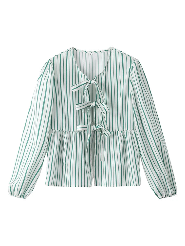 Women's Blouse - Puff Sleeve - Loose Fit - Striped Lightweight Tie-Neck