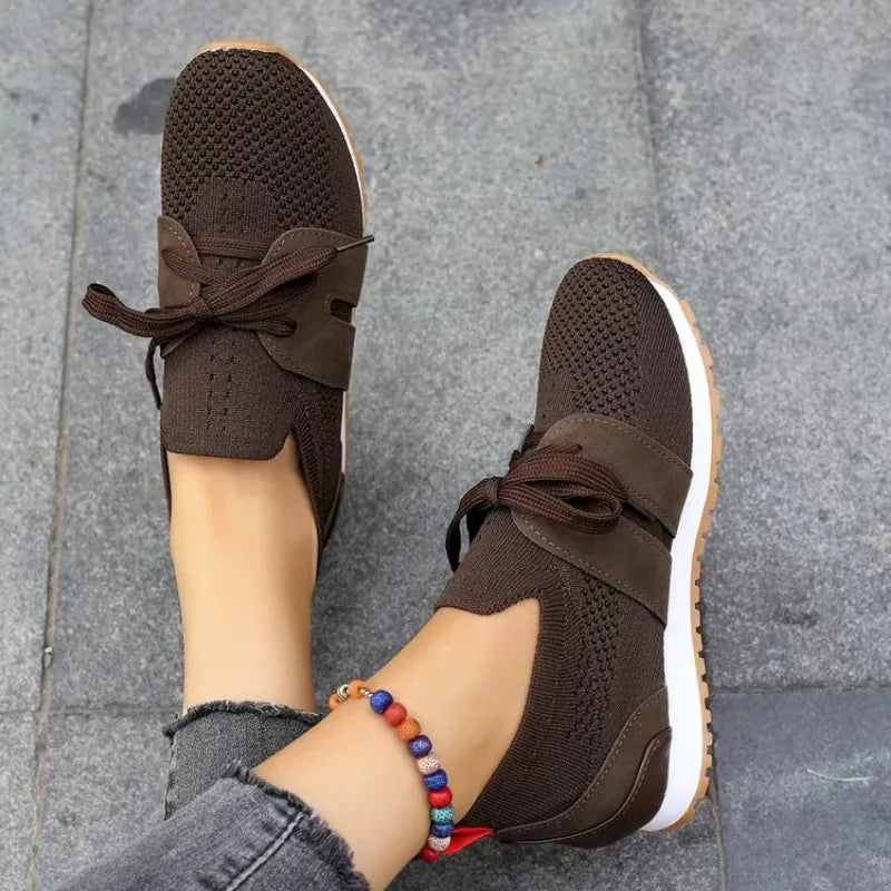 Women's Casual Sneakers - Breathable Knit Upper - Lace-Up - Rubber Sole Comfortable Fit