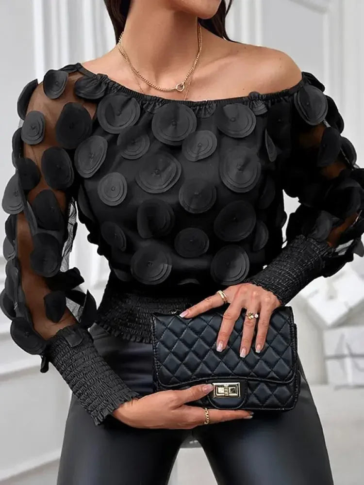 Women's Off-Shoulder Top - Sheer Fabric - 3D Applique - Smocked Waist - Long Sleeve