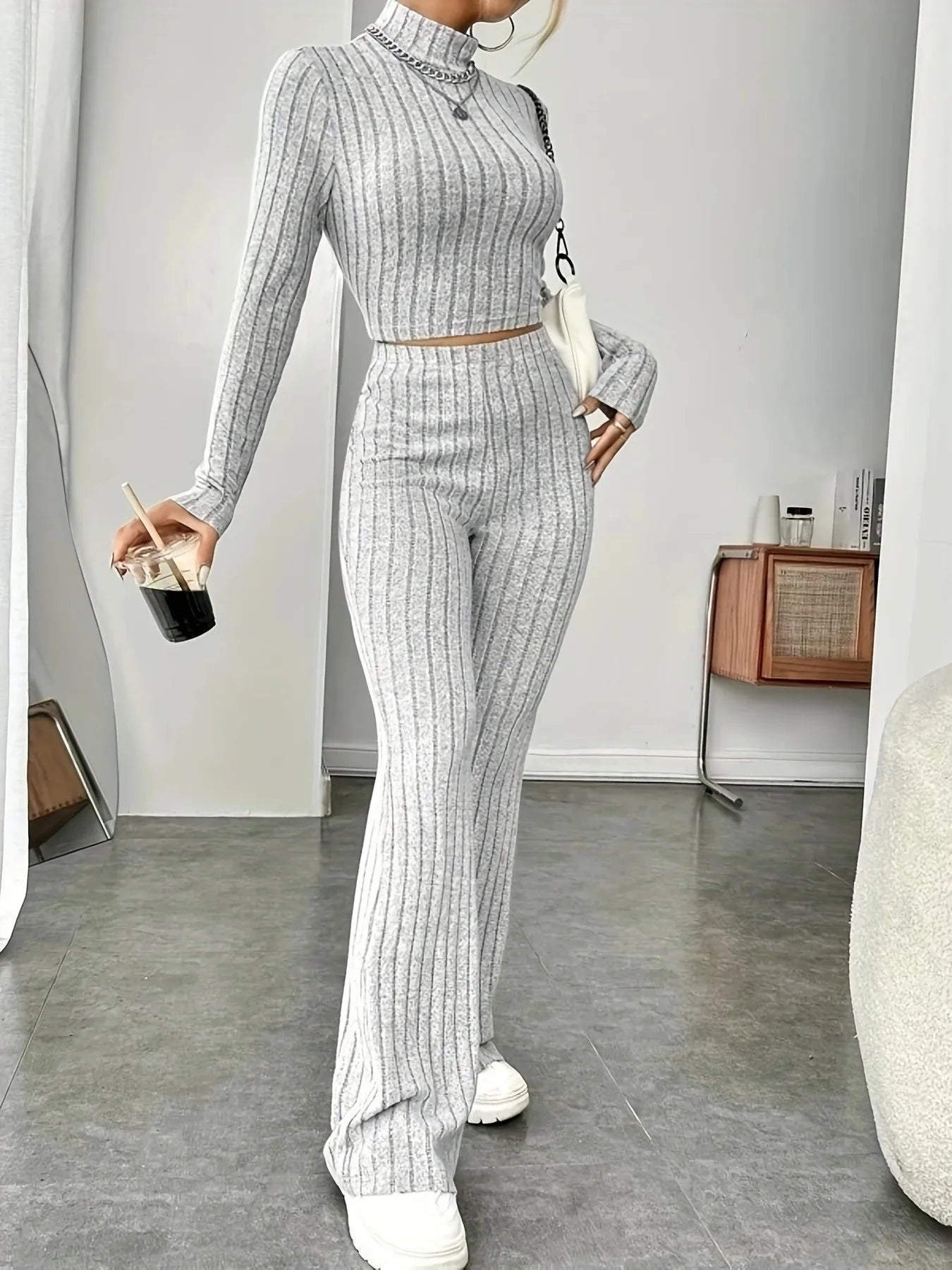 Spring women's knitted two-piece set sweater and loose pants