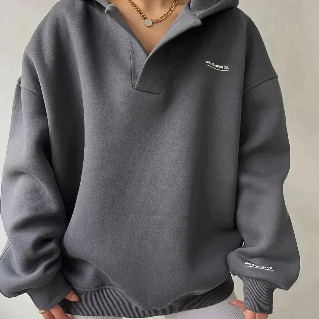 Women's loose hooded v-neck drop shoulder sweater