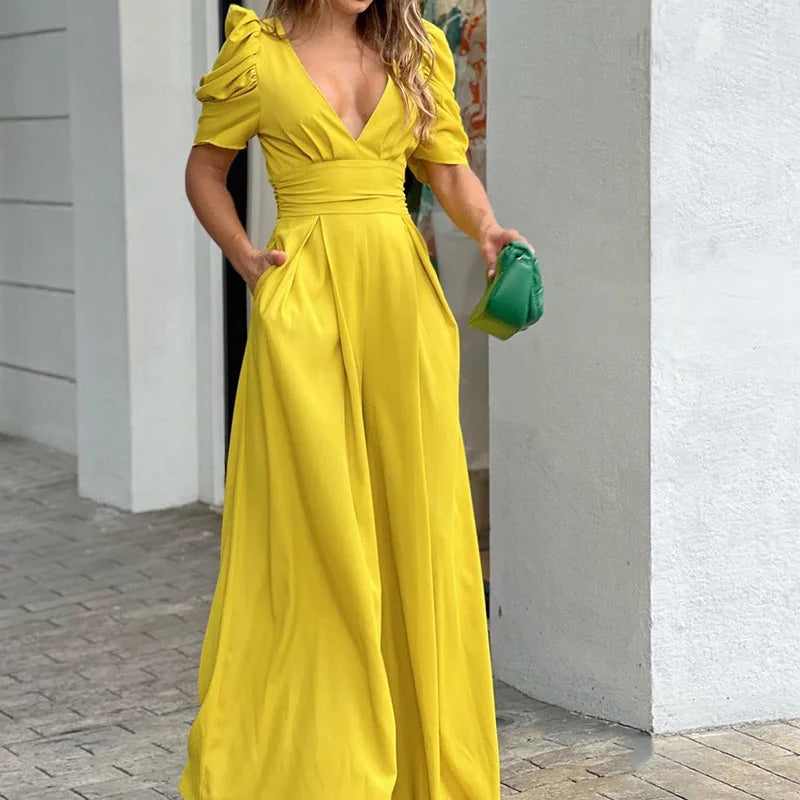 Women's Jumpsuit - Tailored Fit - Puff Sleeve - Deep V-Neck - Wide-Leg Elegant Style