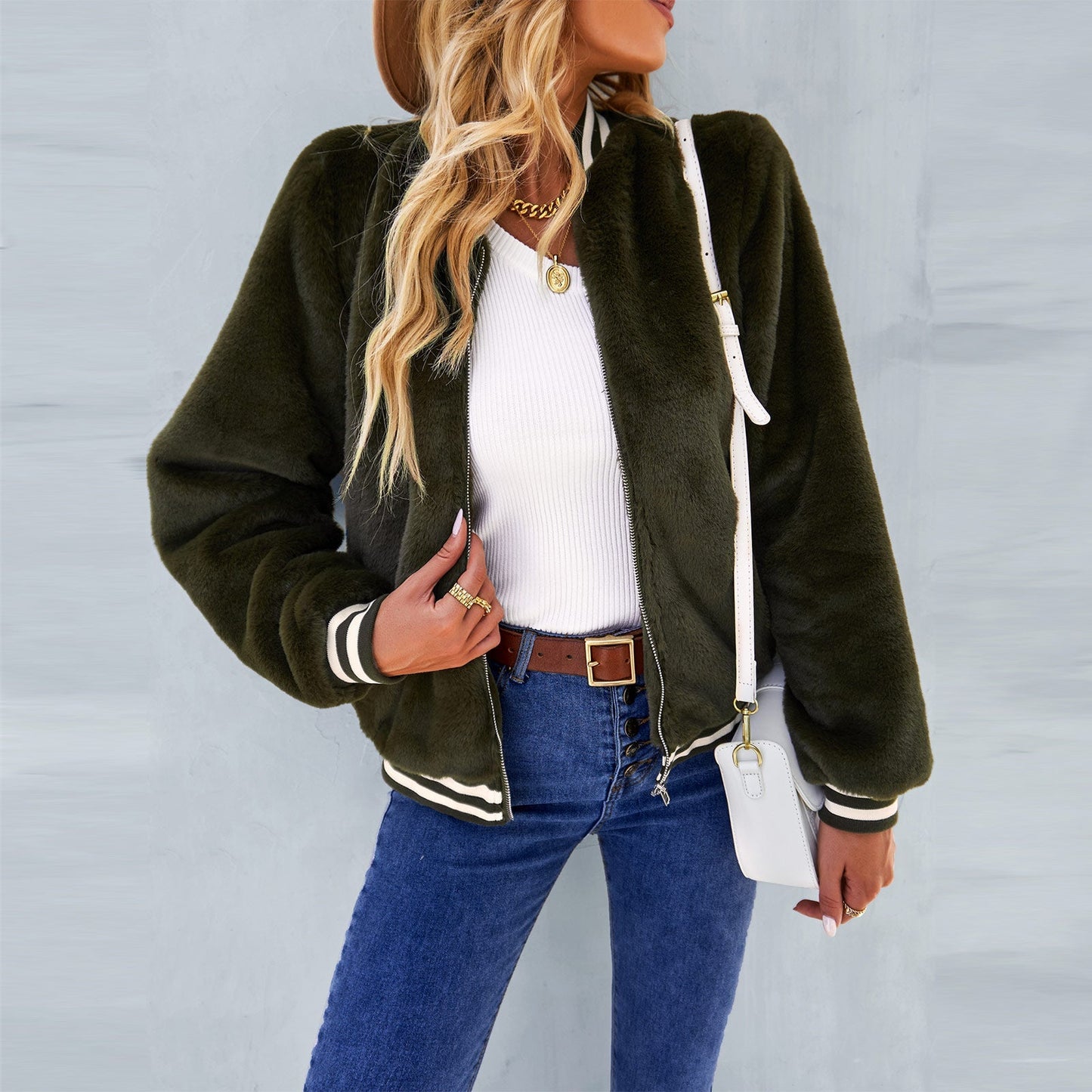Women's green fluffy coat