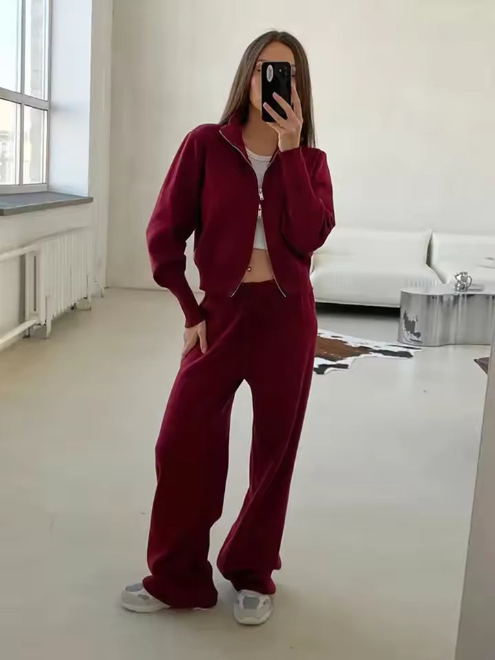 Women’s Two-Piece Pants Set – Knit – Relaxed Fit – Zip-Up Top – High Waisted Wide Leg