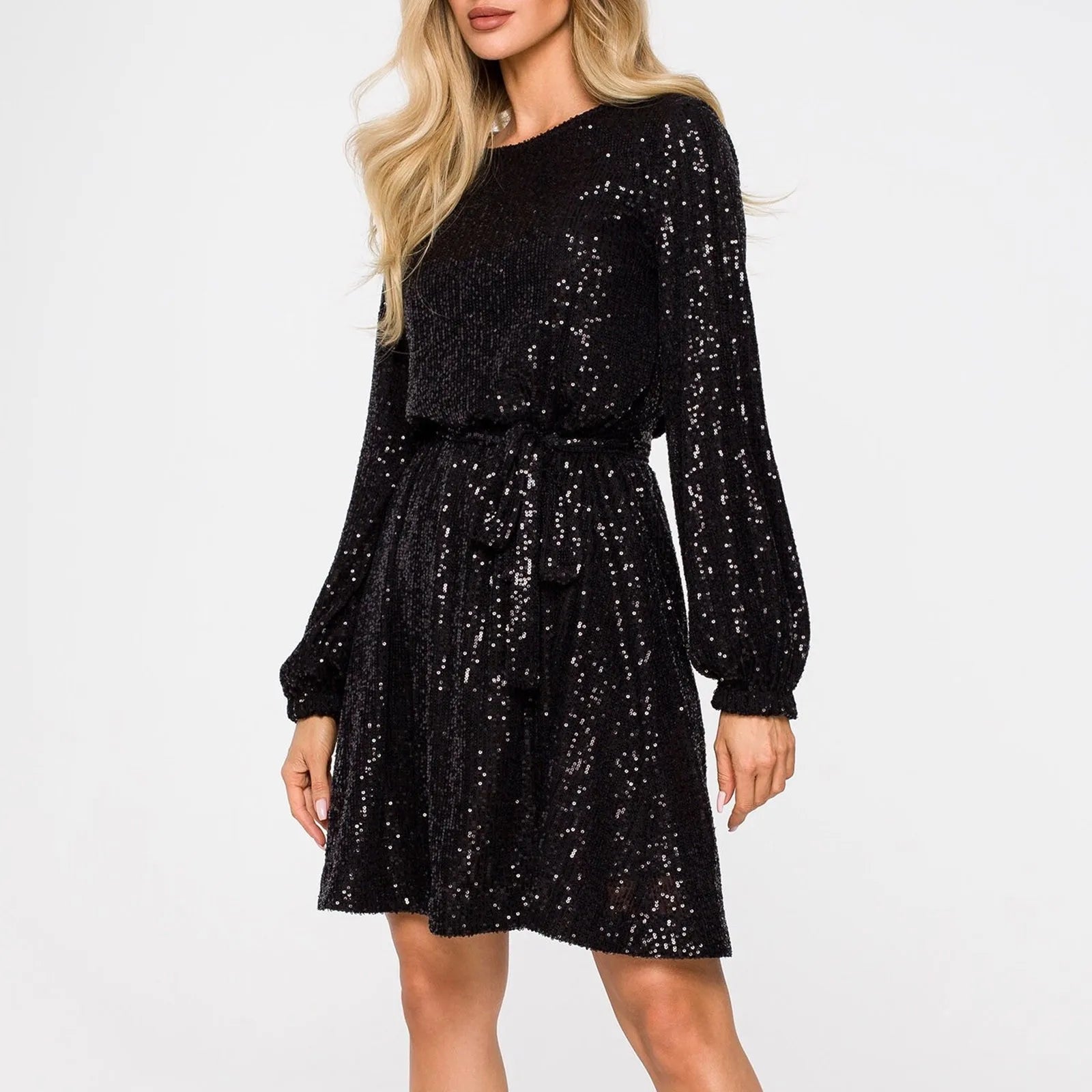 Sequined Elegant Belted A-Line Dress
